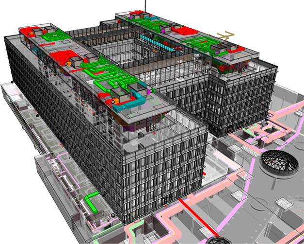 BIM model administrativního komplexu Comcity s rozvody TZB na střechách a v podzemních podlažích