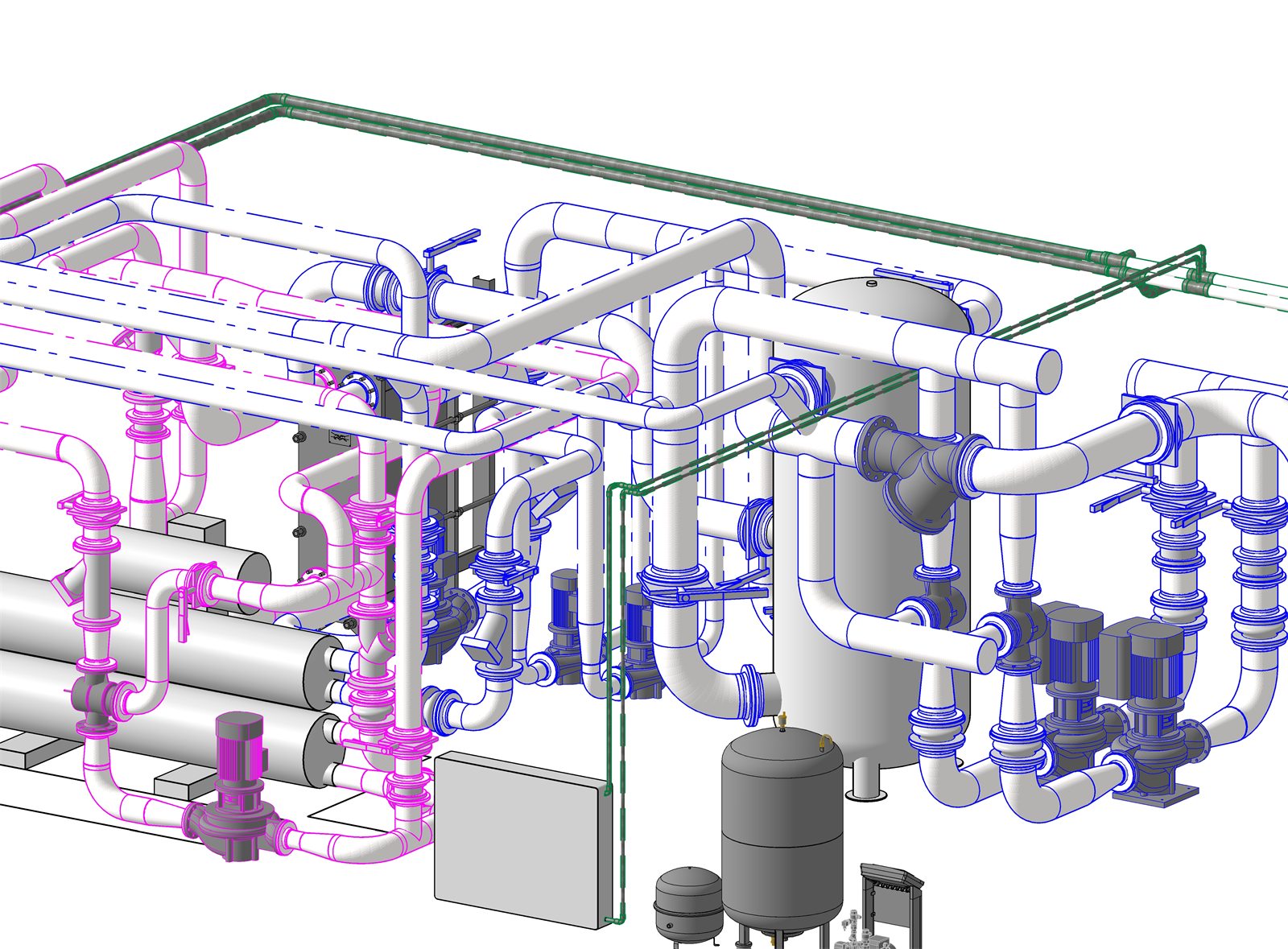 BIM model strojovny chlazení s potrubními rozvody, výměníky a čerpadly v Revit MEP