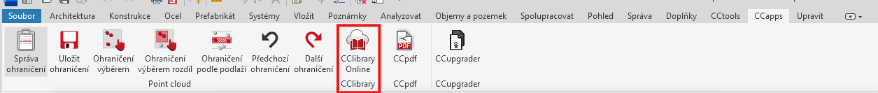 Pás karet Autodesk Revit s kartou CCapps a tlačítkem CClibrary Online