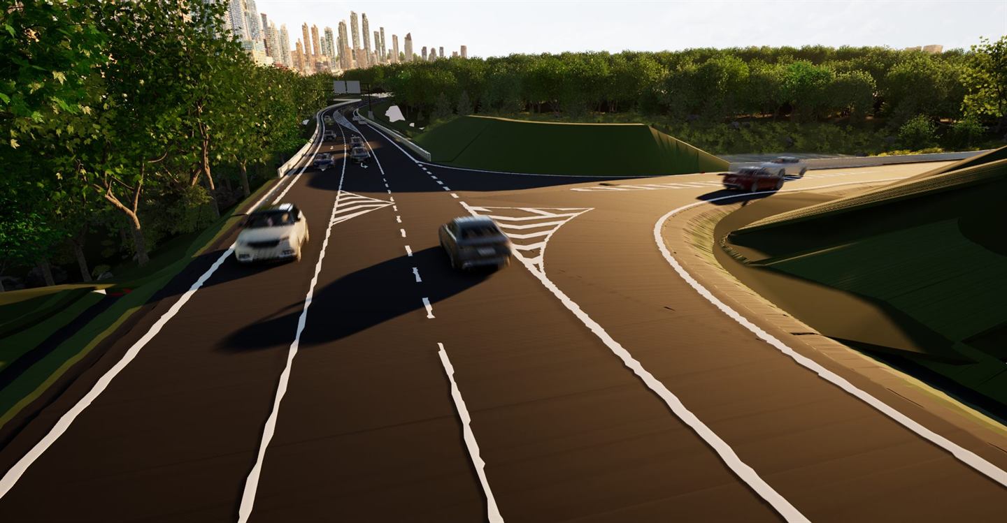 BIM model silniční křižovatky s odbočovacím pruhem, vodorovným dopravním značením a svahy