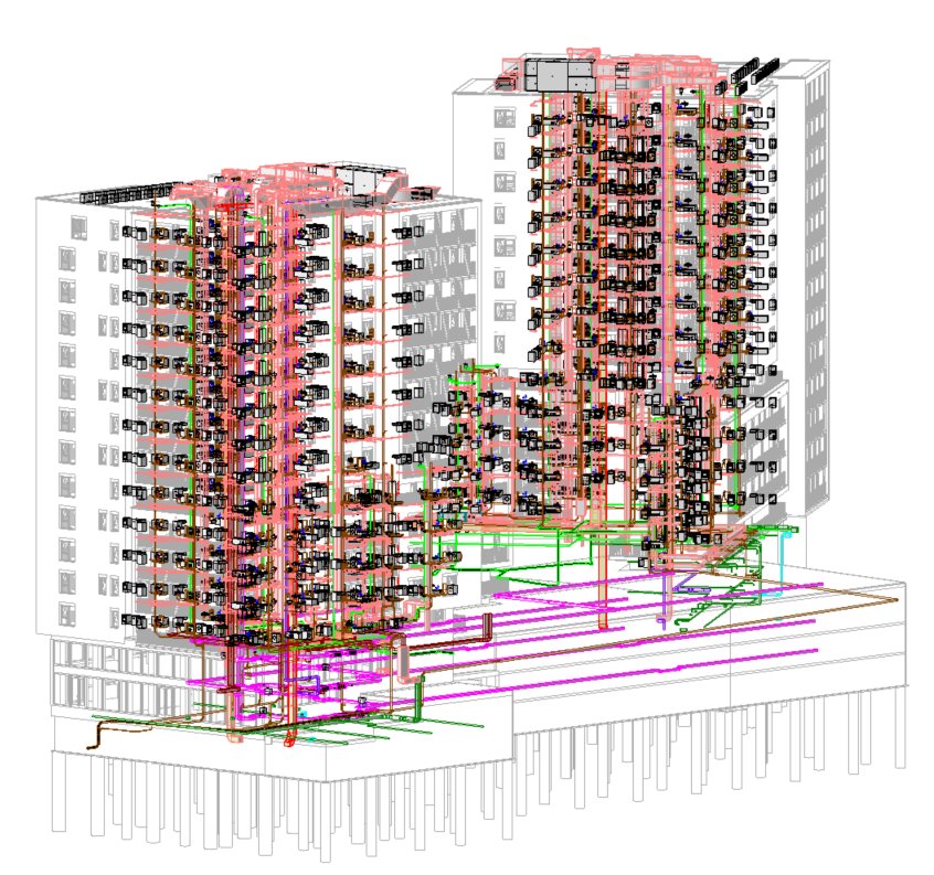 Federovaný model bytového komplexu Modřany Central se všemi profesemi pro kontrolu kolizí