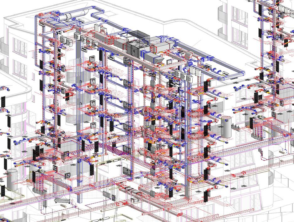 BIM model rozvodů VZT a vytápění bytových domů Radlice v Revit MEP, projekt LI-VI Praha