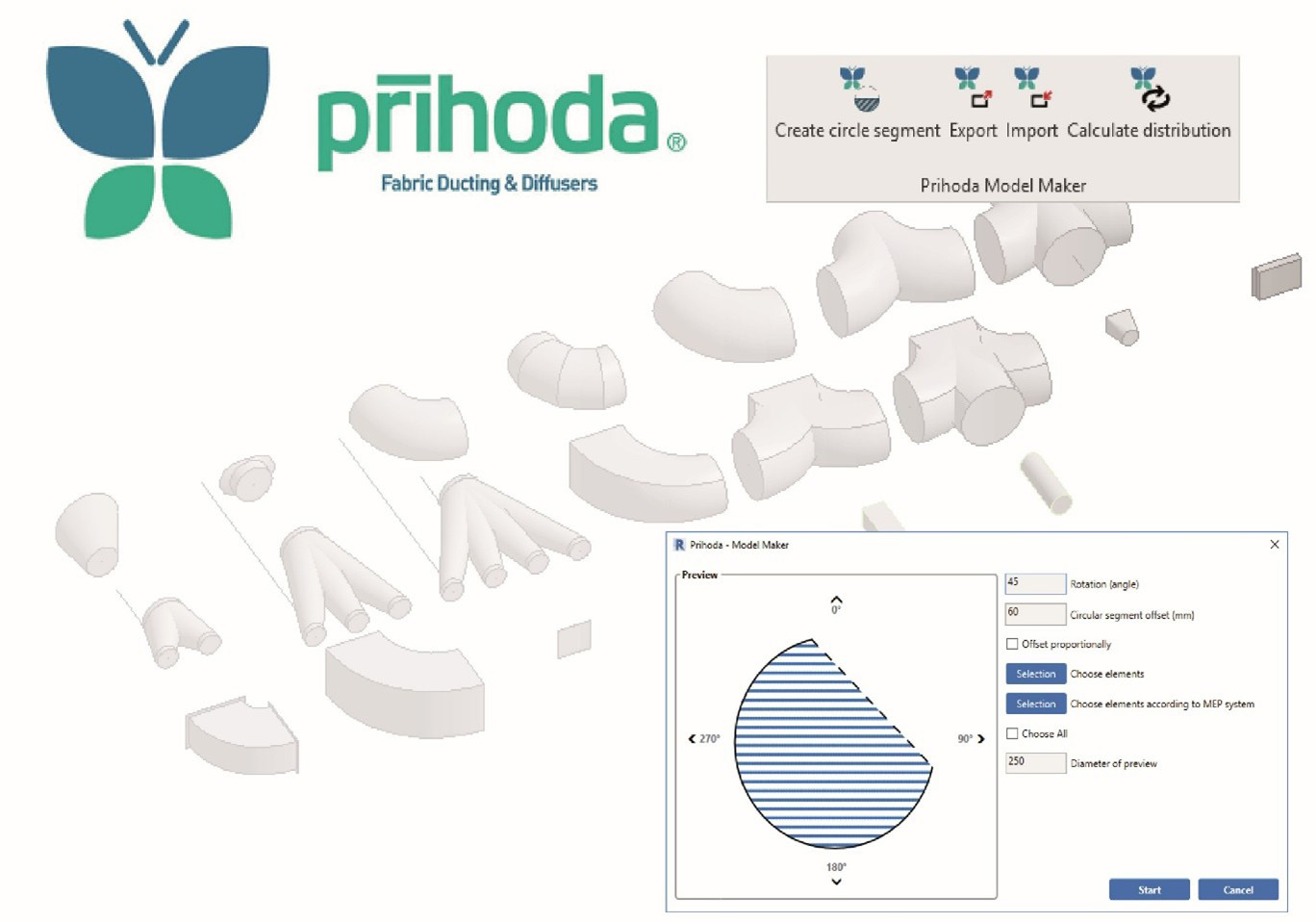 Doplněk Příhoda model maker pro Autodesk Revit, rodiny tkaninového potrubí vzduchotechniky.