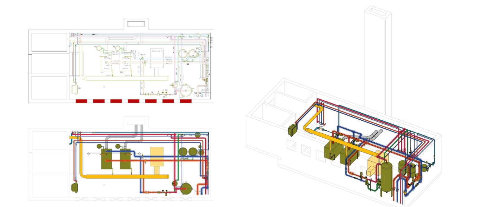 Schéma a 3D BIM model technologie plynové kotelny ZŠ Mašovská, projekt SITEZ.