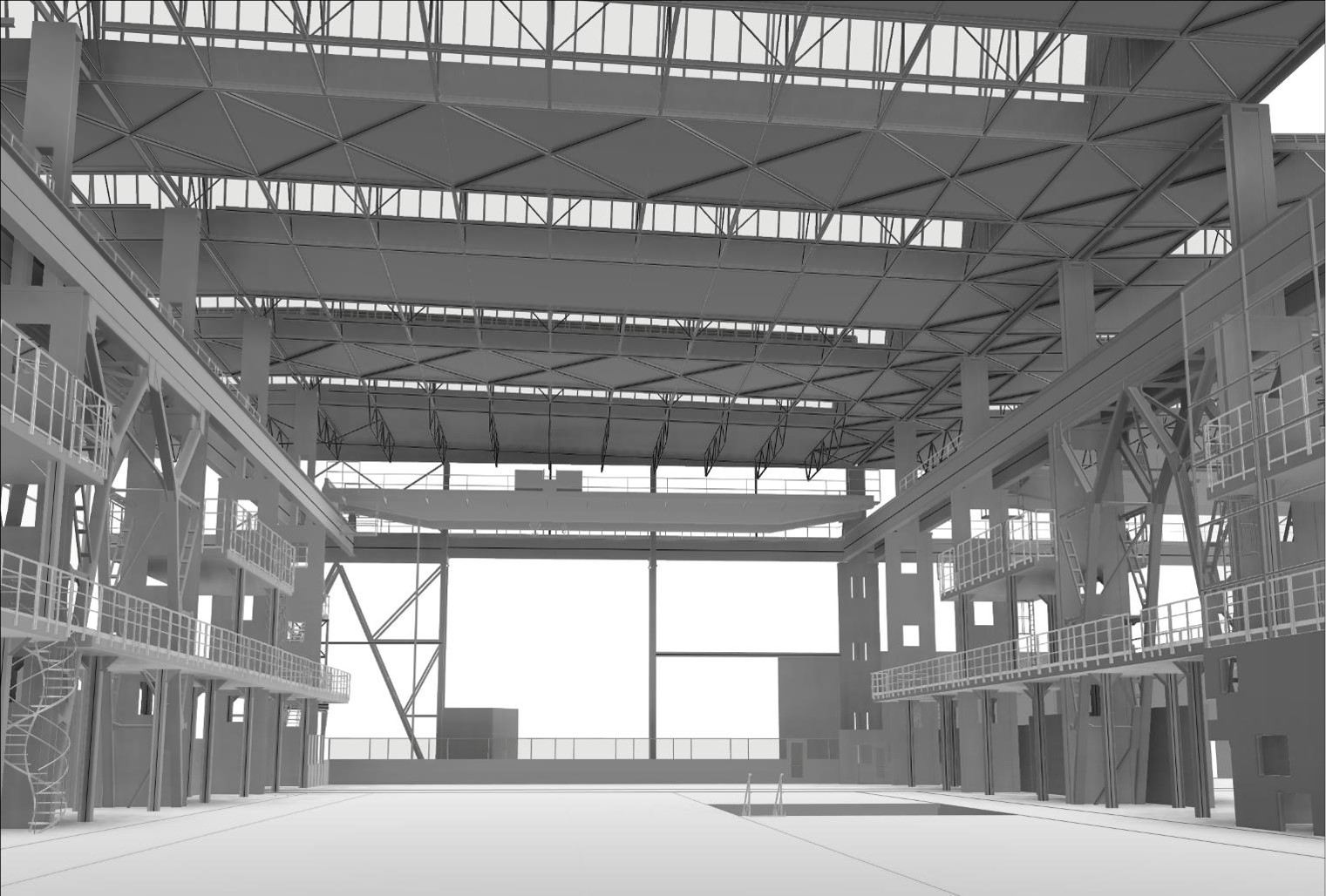 Interiér BIM modelu výrobní haly Škoda Auto s ocelovou konstrukcí, model skutečného stavu.