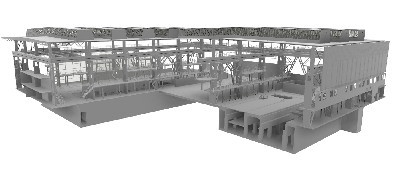 BIM model ocelové konstrukce výrobní haly Škoda Auto z laserového skenu, pasportizace.