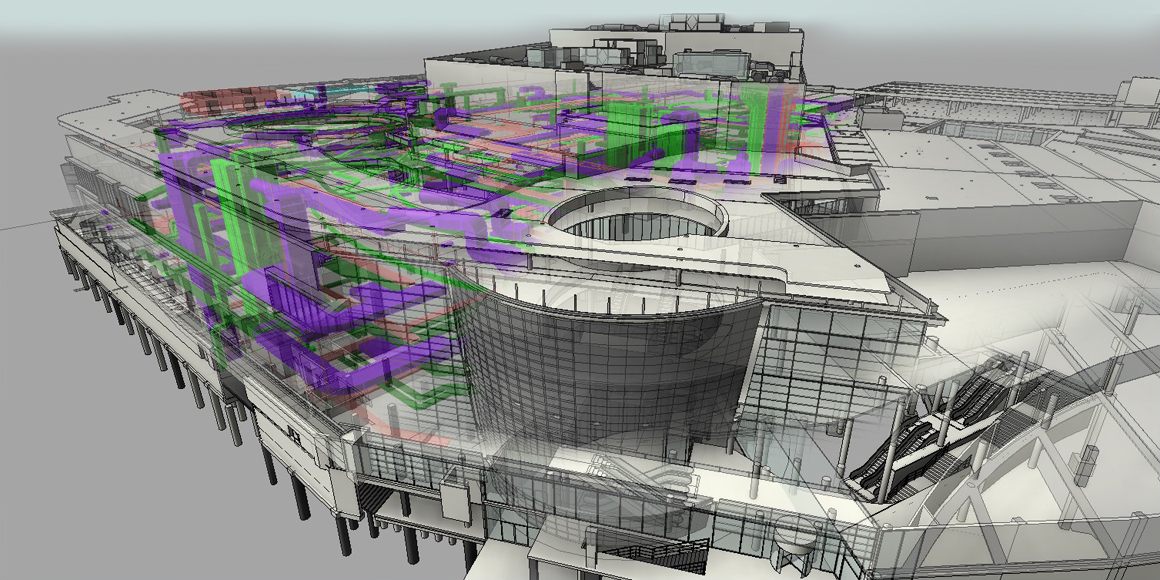 Koordinační BIM model dostavby Centra Chodov s rozvody vzduchotechniky a potrubí nad prosklenou rotundou