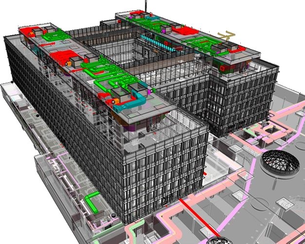 BIM model administrativní budovy s koordinovanými rozvody profesí a napojením na okolí