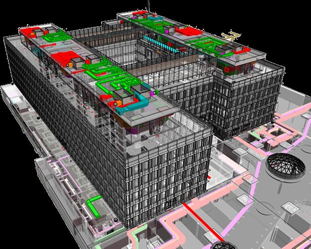 BIM model administrativní budovy s koordinovanými profesemi a okolím