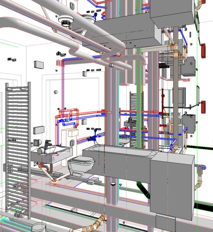 Podrobný BIM model rozvodů technických zařízení v koupelně
